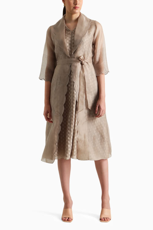 Beige Printed Organza Jacket and Brocade Dress