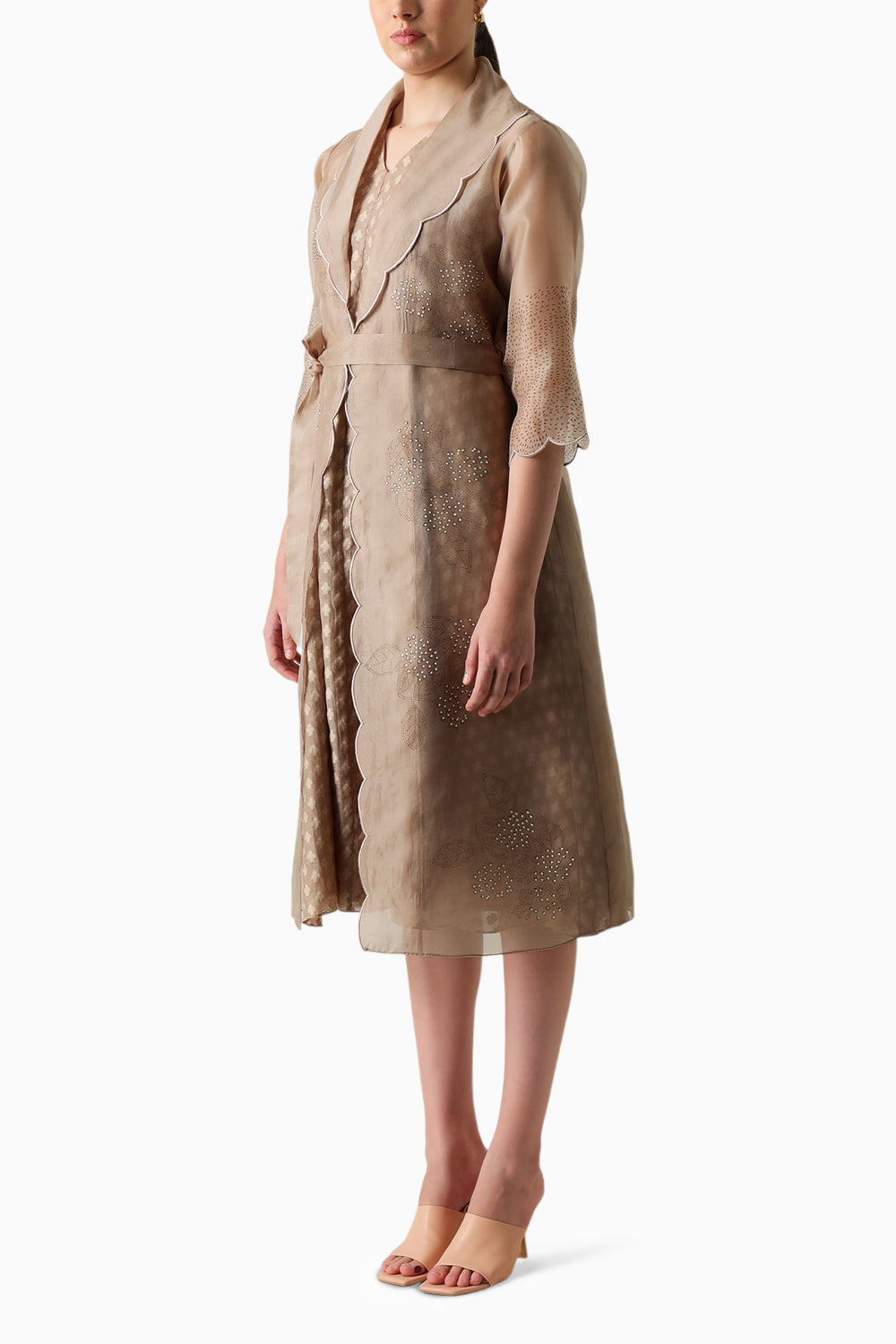 Beige Printed Organza Jacket and Brocade Dress