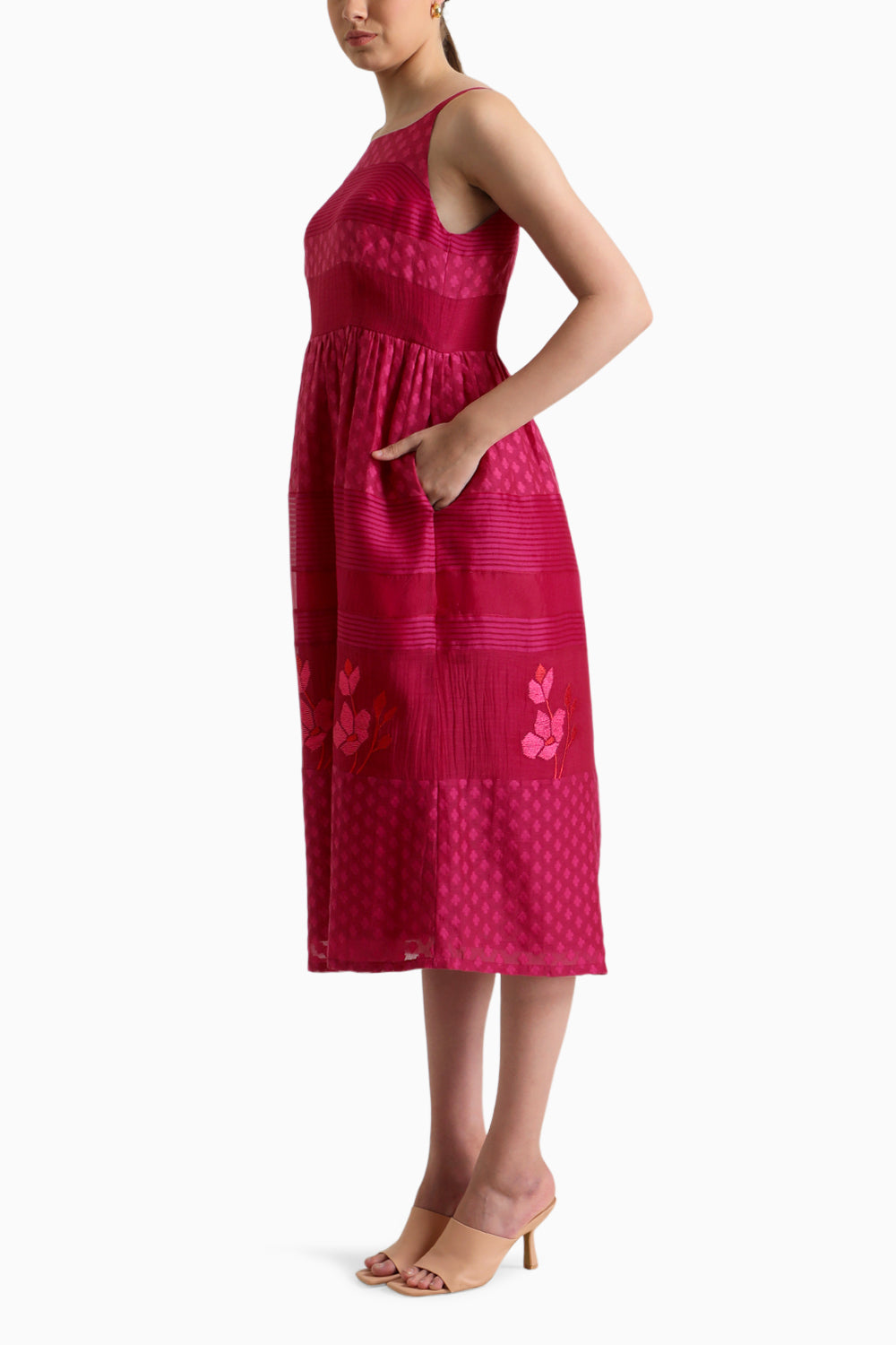 Fuchsia Lace Strap Embroidered Dress