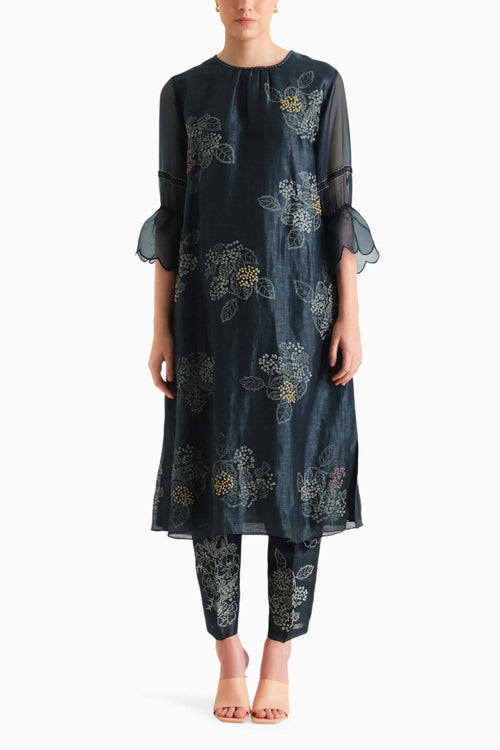 Indigo Handblock Print Embroidered Tunic and Pant
