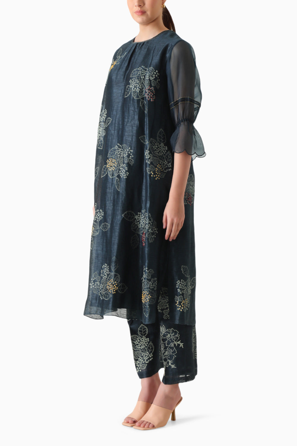 Indigo Handblock Print Embroidered Tunic and Pant