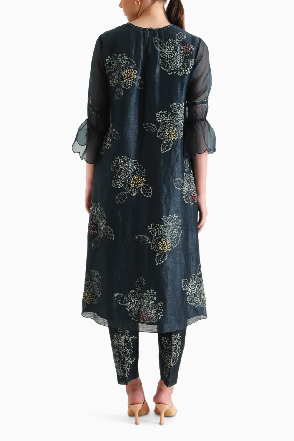 Indigo Handblock Print Embroidered Tunic and Pant