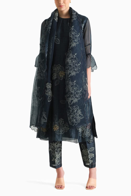 Indigo Handblock Print Embroidered Tunic and Pant with Dupatta