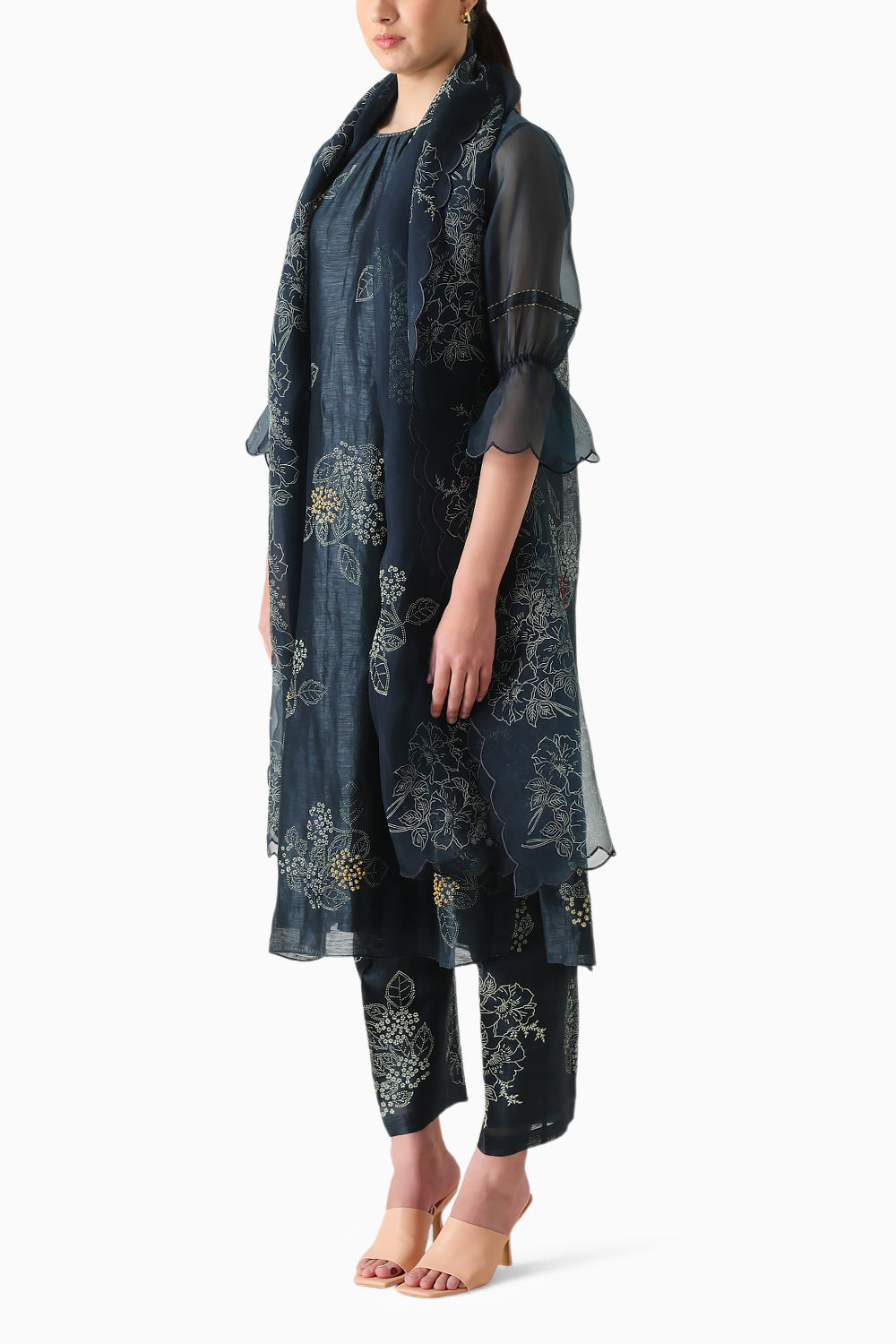 Indigo Handblock Print Embroidered Tunic and Pant with Dupatta