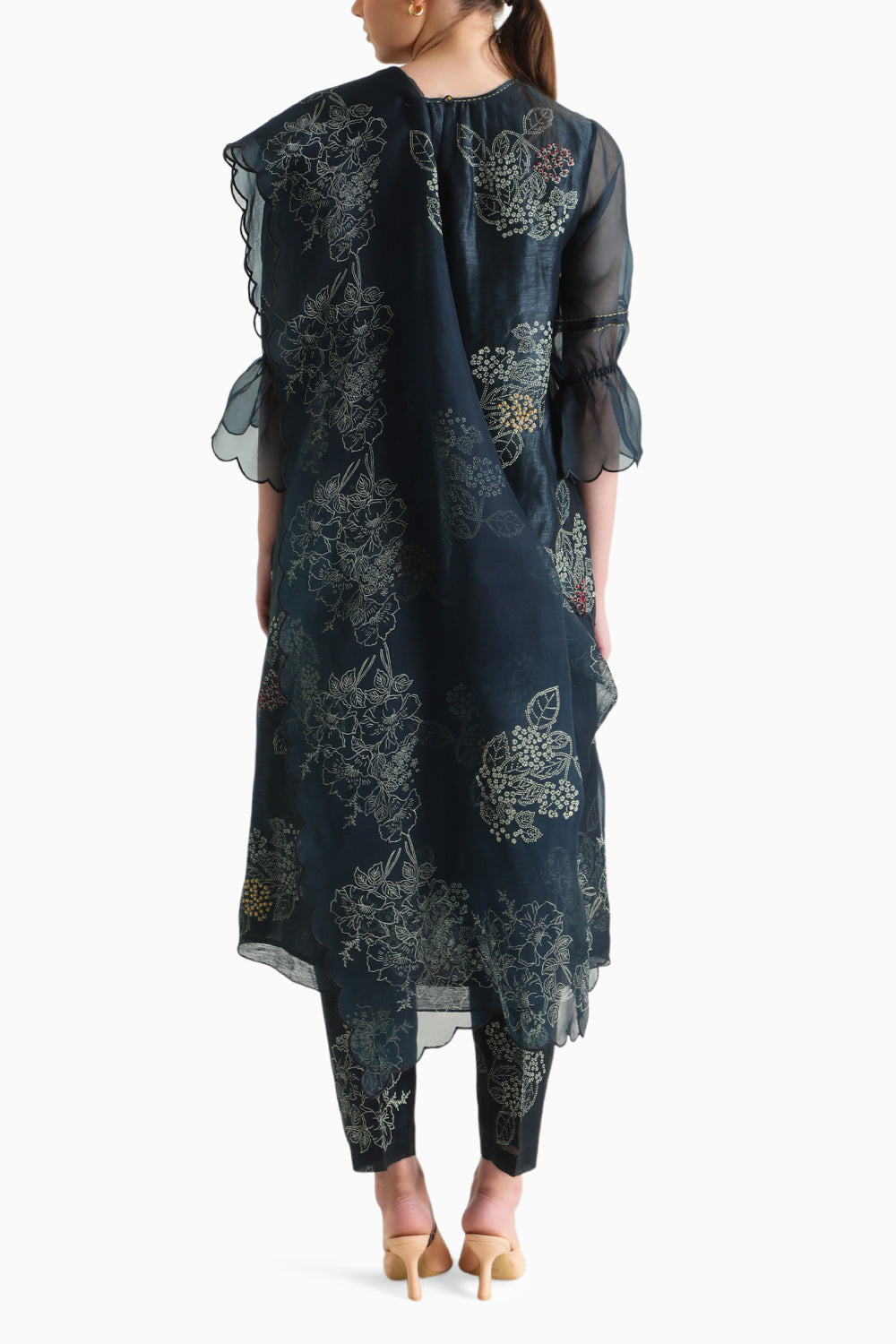 Indigo Handblock Print Embroidered Tunic and Pant with Dupatta