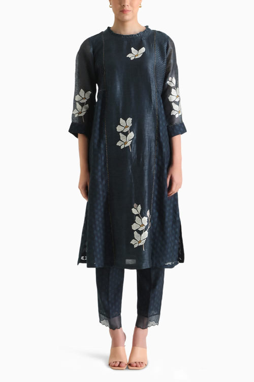 Indigo Machine Embroidered Tunic and Pant