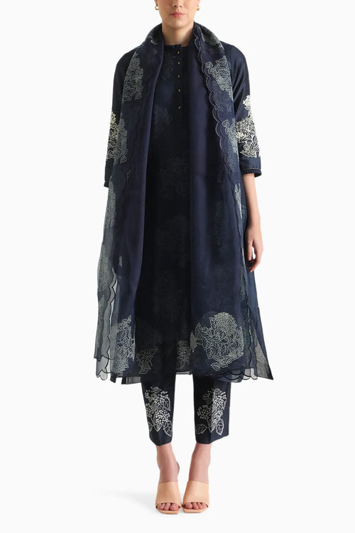 Indigo Double Layer Printed Tunic and Pant with Dupatta