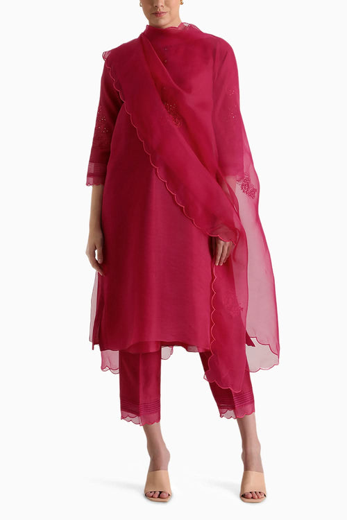 Fuchsia Embroidered Double Layer Tunic and Pant with Dupatta