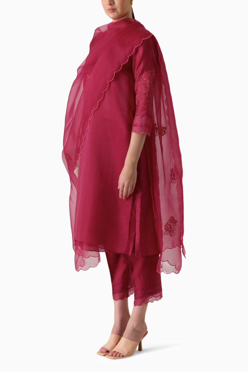 Fuchsia Embroidered Double Layer Tunic and Pant with Dupatta