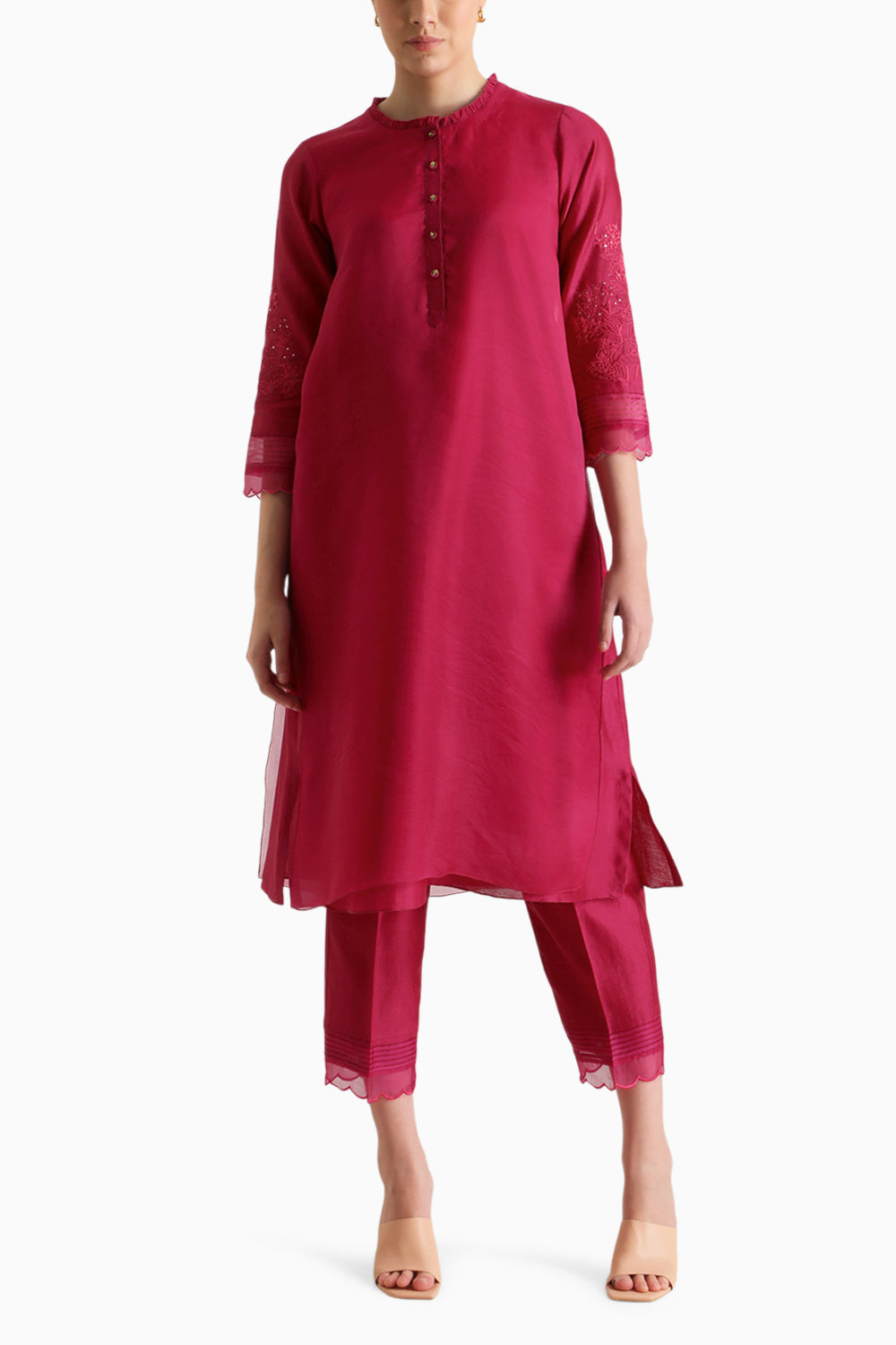 Fuchsia Embroidered Double Layer Tunic and Pant with Dupatta