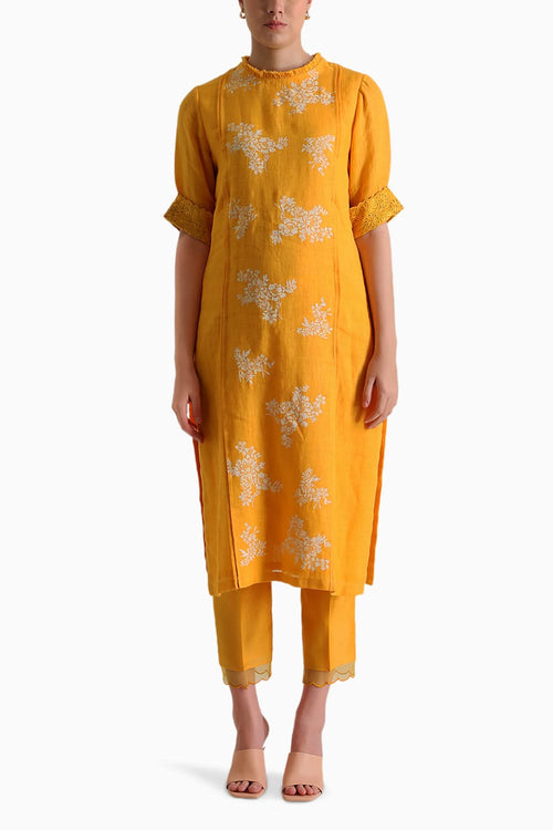 Mustard Handblock Print Embroidered Tunic and Pant