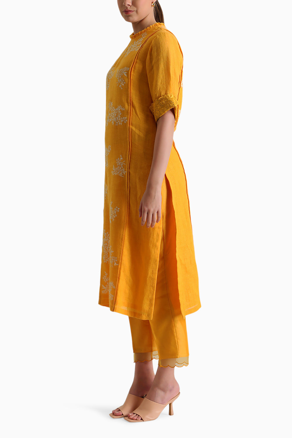 Mustard Handblock Print Embroidered Tunic and Pant