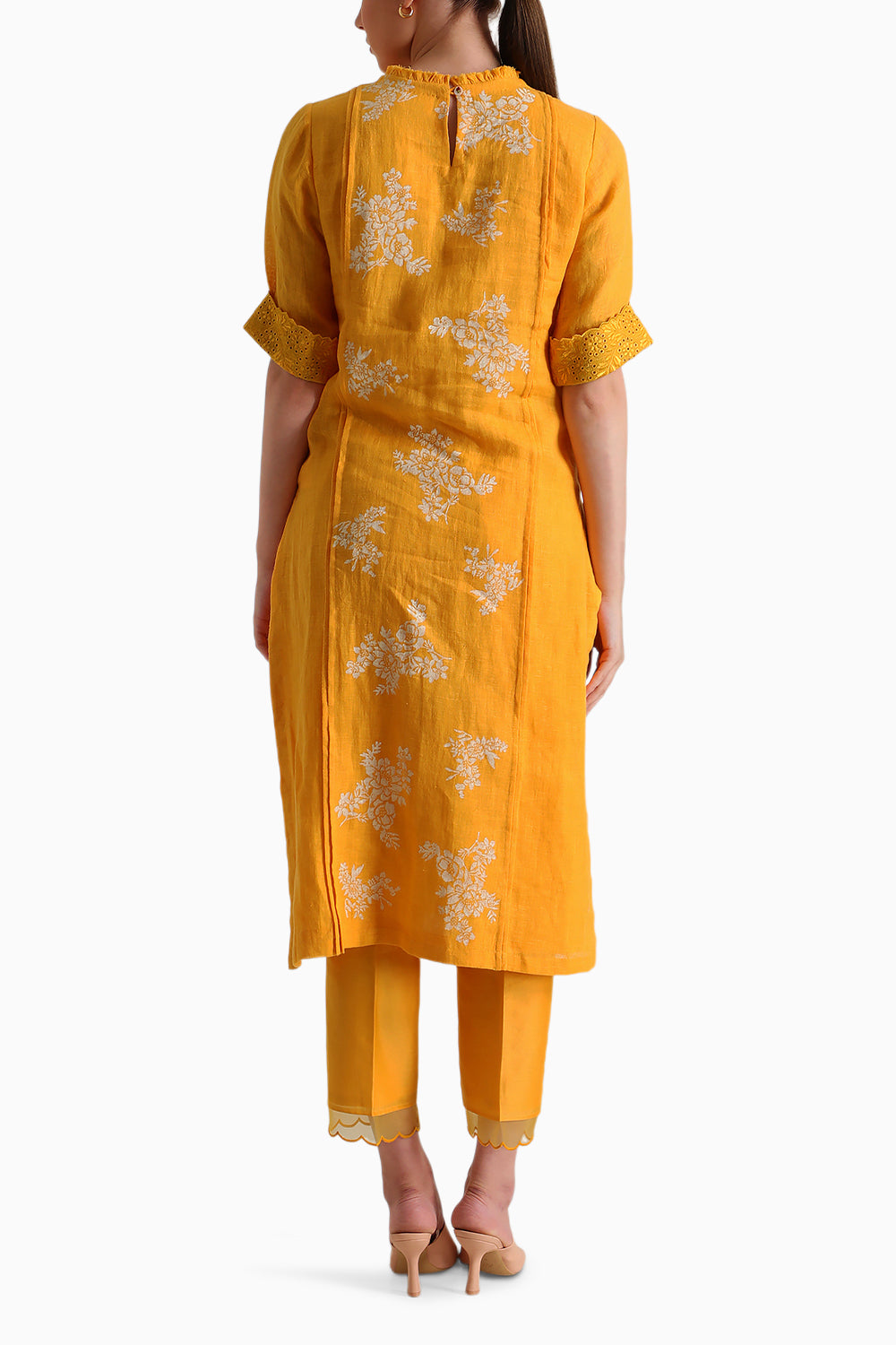 Mustard Handblock Print Embroidered Tunic and Pant