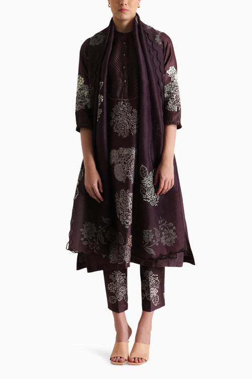 Lavender Discharge Print Embroidered Tunic and Pant with Dupatta