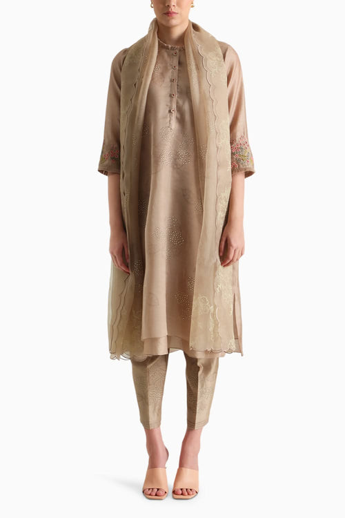 Beige Handblock Print Embroidered Tunic and Pant with Dupatta