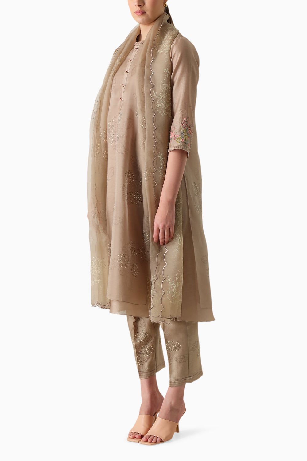 Beige Handblock Print Embroidered Tunic and Pant with Dupatta