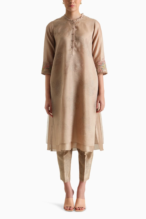 Beige Handblock Print Embroidered Tunic and Pant