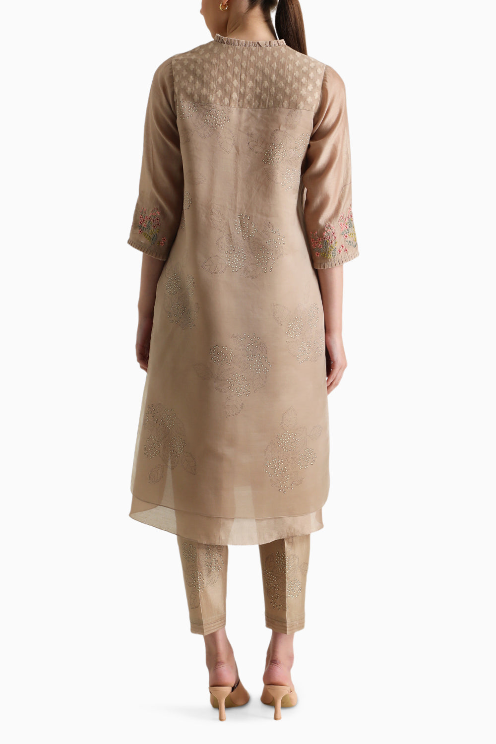 Beige Handblock Print Embroidered Tunic and Pant