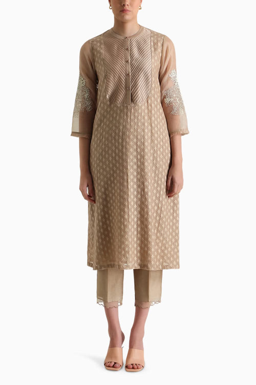 Beige Machine Embroidered Tunic and Pant