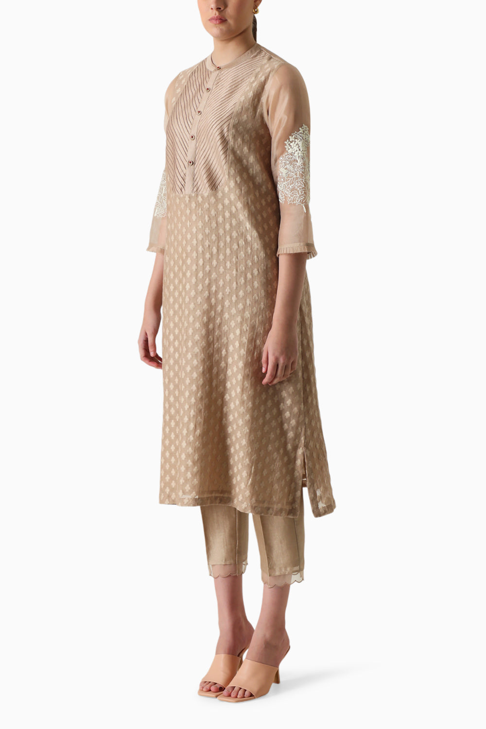 Beige Machine Embroidered Tunic and Pant