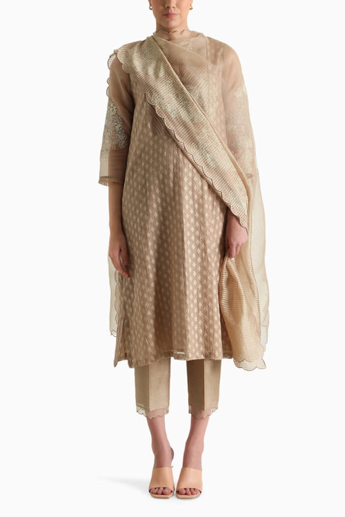 Beige Machine Embroidered Tunic and Pant with Dupatta