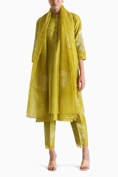Chartruese Handblock Print Embroidered Tunic and Pant with Dupatta