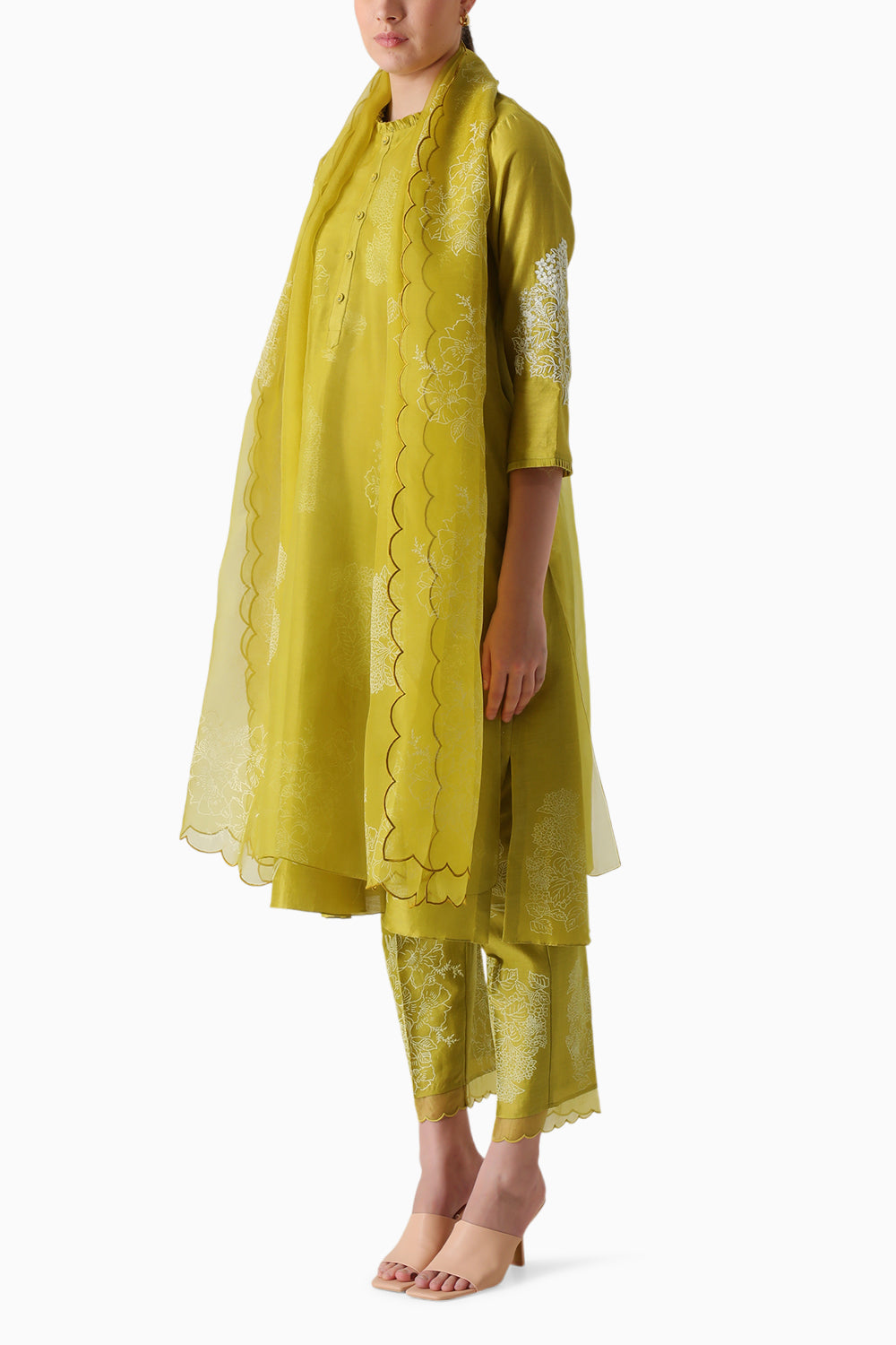 Chartruese Handblock Print Embroidered Tunic and Pant with Dupatta