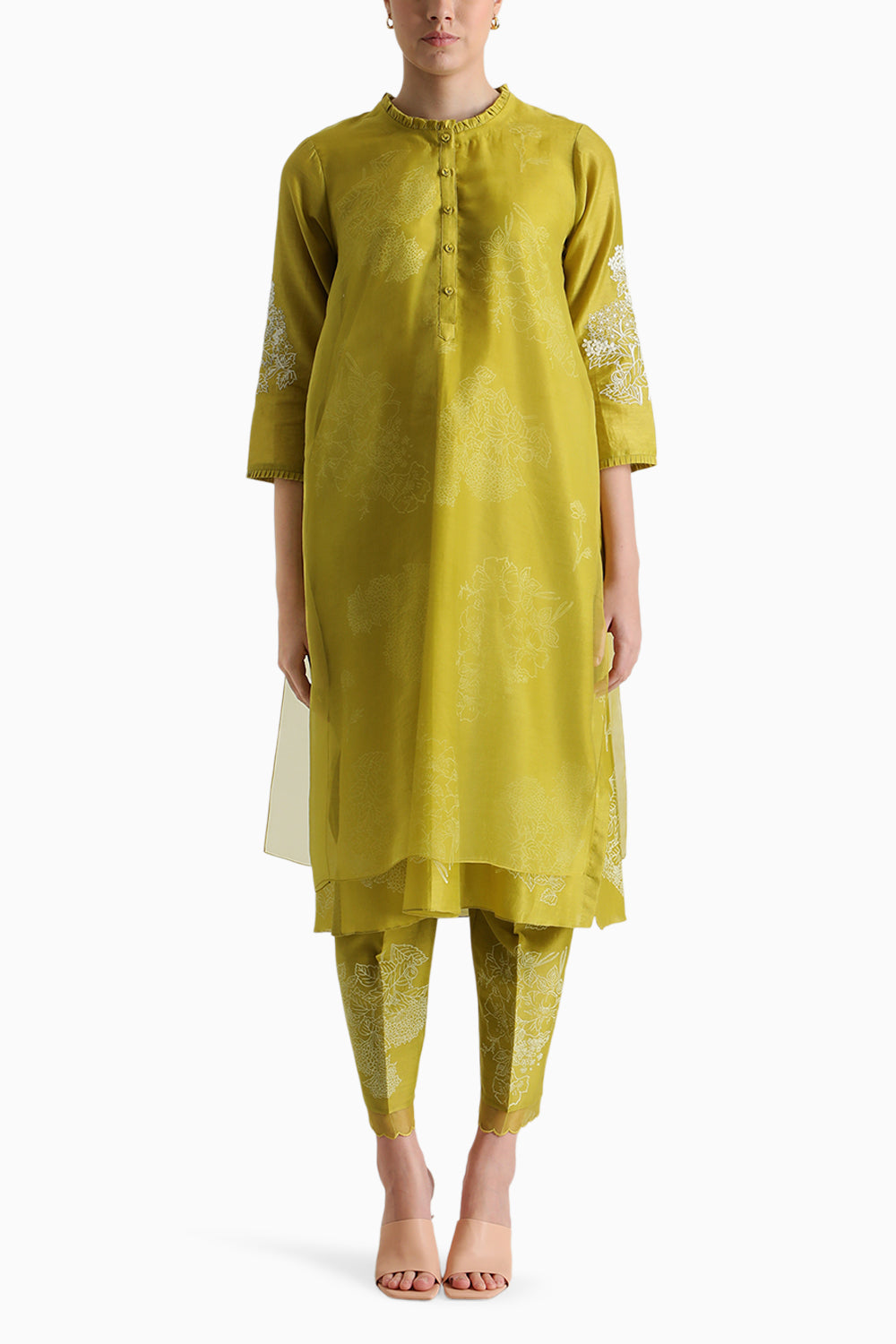 Chartruese Handblock Print Embroidered Tunic and Pant with Dupatta