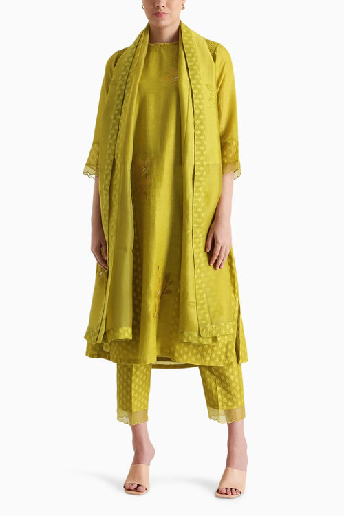 Chartruese Machine Embroidered Tunic and Pant with Dupatta