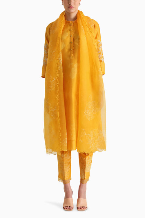 Mustard Handblock Print Embroidered Tunic and Pant with Dupatta