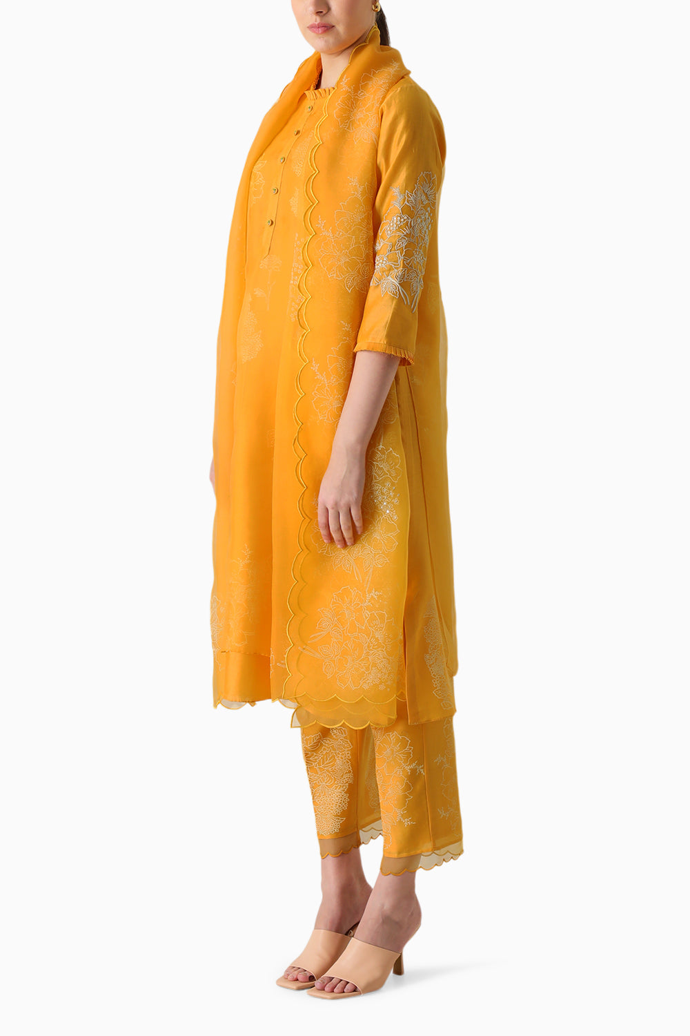 Mustard Handblock Print Embroidered Tunic and Pant with Dupatta