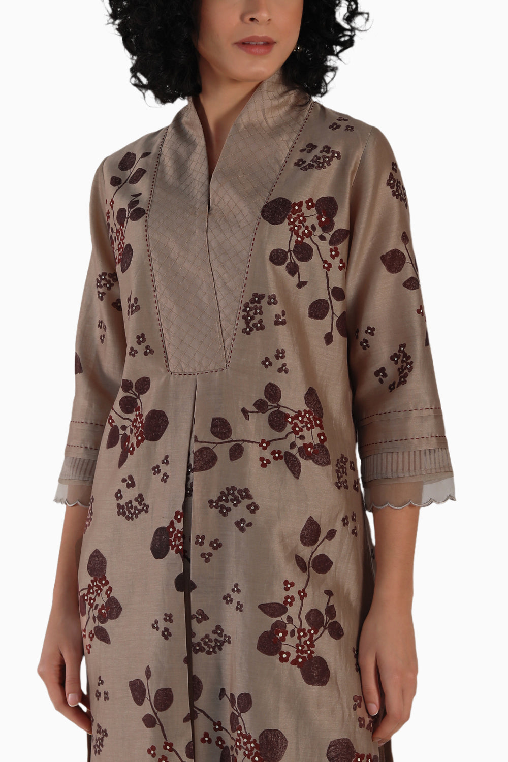 Beige Block Print Tunic and Pant with Dupatta