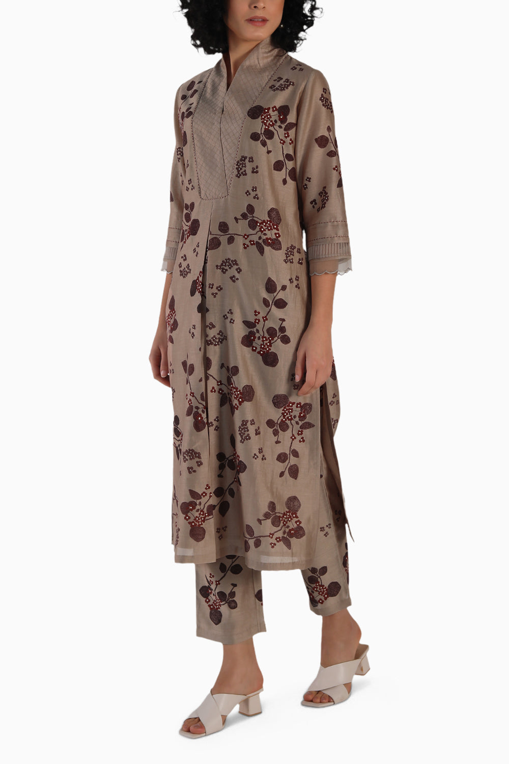 Beige Block Print Tunic and Pant with Dupatta