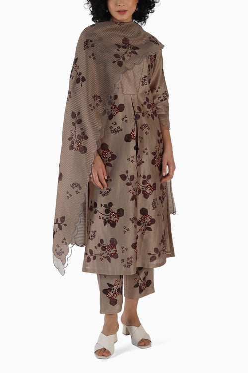 Beige Block Print Tunic and Pant with Dupatta