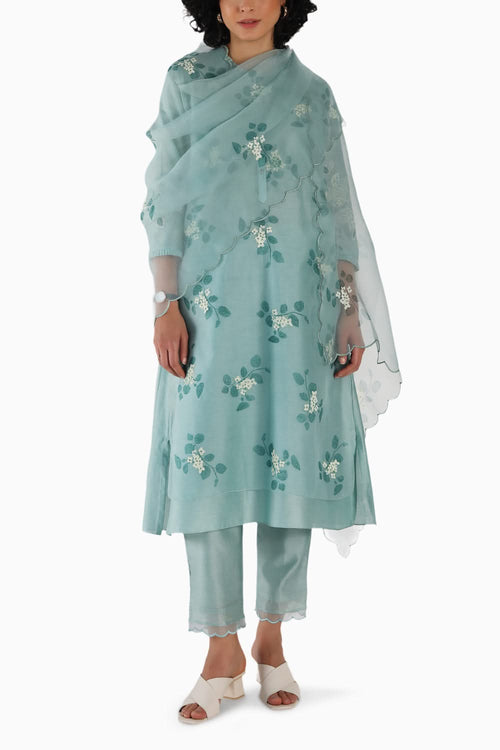 Block Print Mint Tunic and Pant with Dupatta
