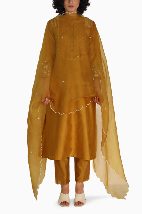 Ochre Embroidered Tunic and Pant with Dupatta