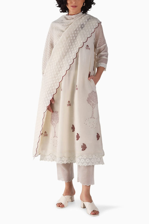 Block Print Ivory Tunic and Pant with Dupatta