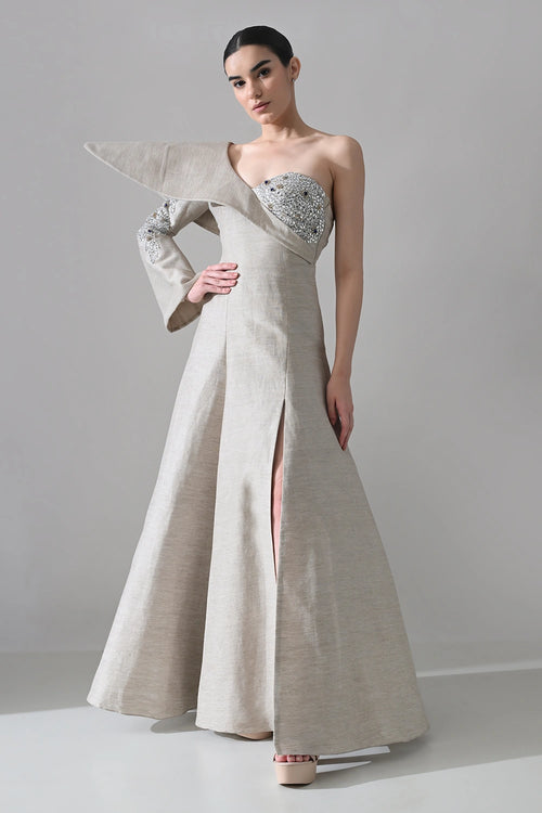 One-Shoulder Architectural Gown With Crystal Detailing