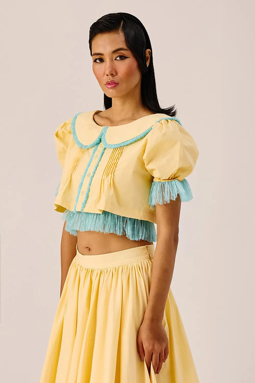 Yellow Puff-Sleeve Cropped Top