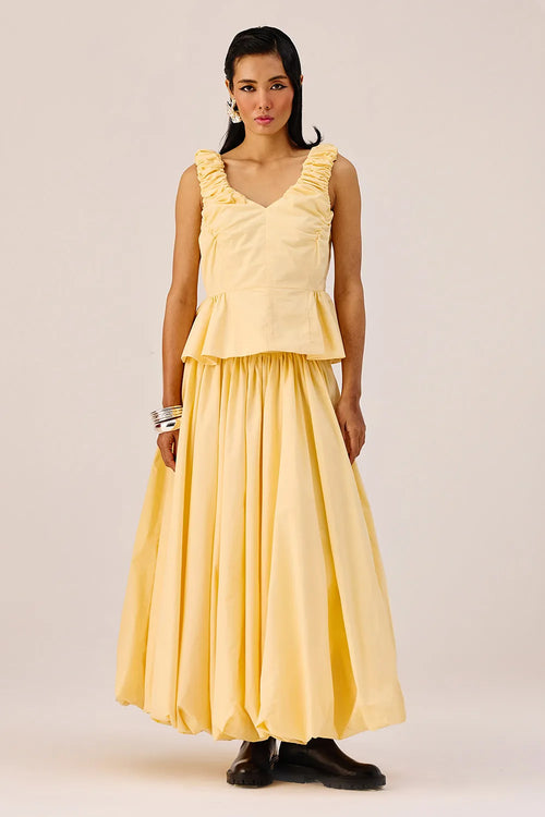 Yellow Ruffle Top and Flared Maxi Skirt Set
