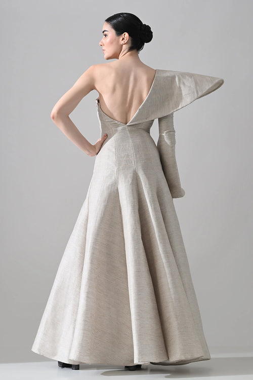 One-Shoulder Architectural Gown With Crystal Detailing