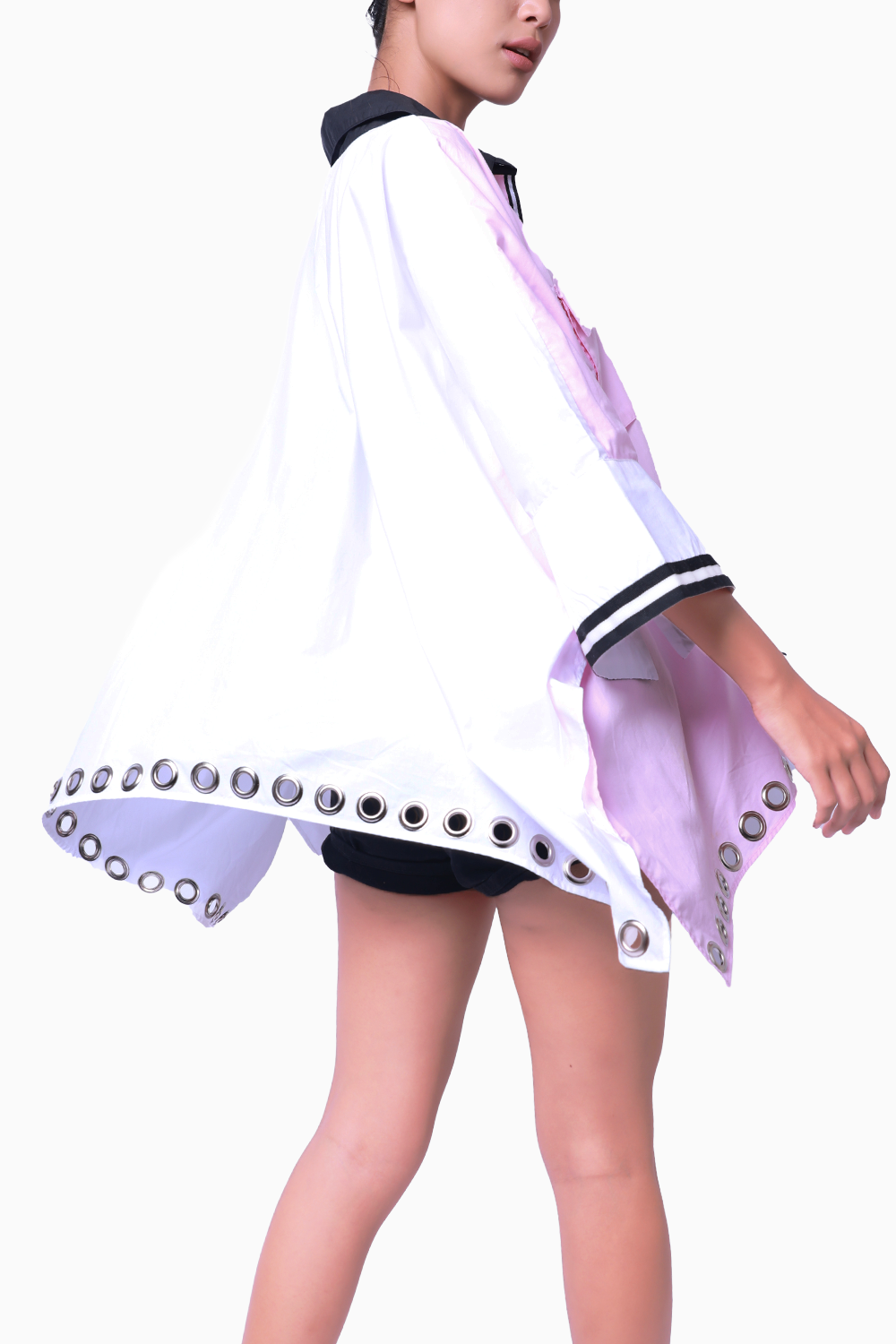 Pink and White Poncho Shirt with Pockets