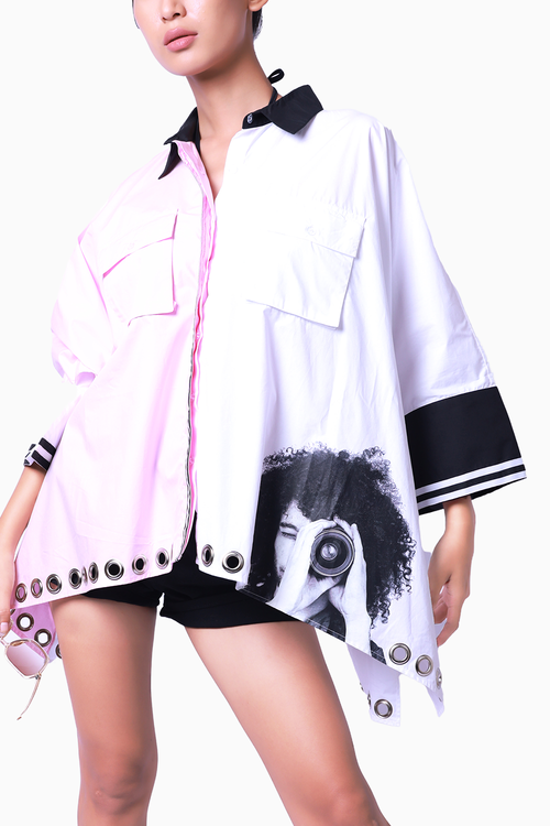 Pink and White Poncho Shirt with Pockets