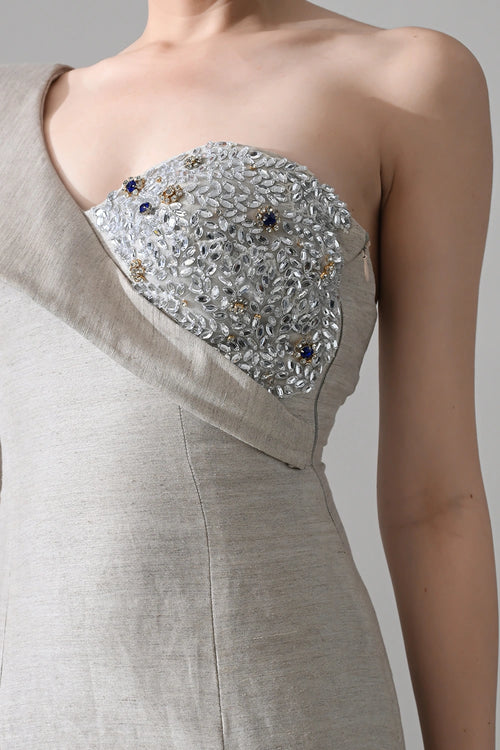 One-Shoulder Architectural Gown With Crystal Detailing