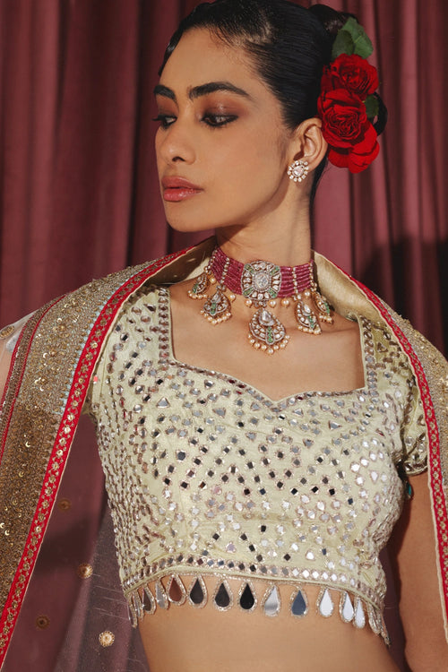 Silver Wide Square Neck Mirrorwork Blouse