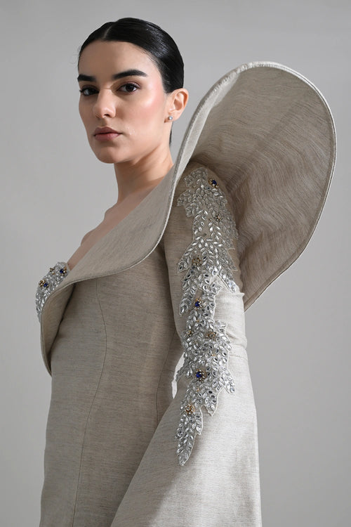 One-Shoulder Architectural Gown With Crystal Detailing