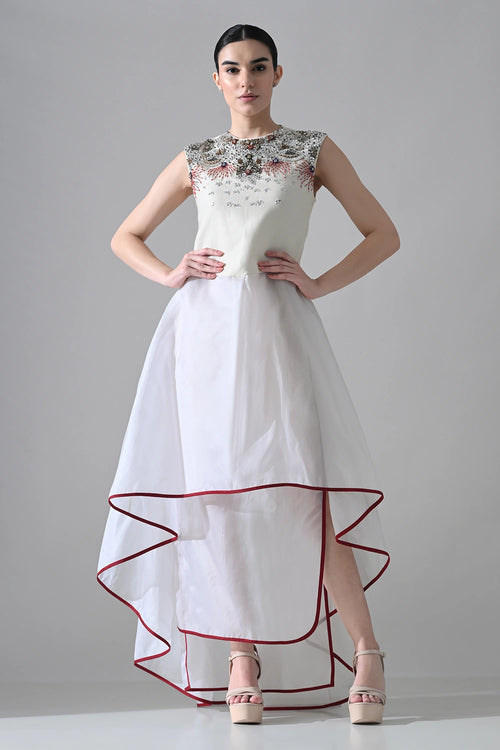 Ivory-White High Low Dress With Ornate