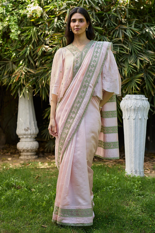 Fern Line Pink Embroidered Saree With Blouse
