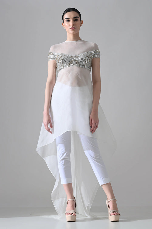 Ivory Hand-Embroidered Silhouette With Asymmetric Top With Pants