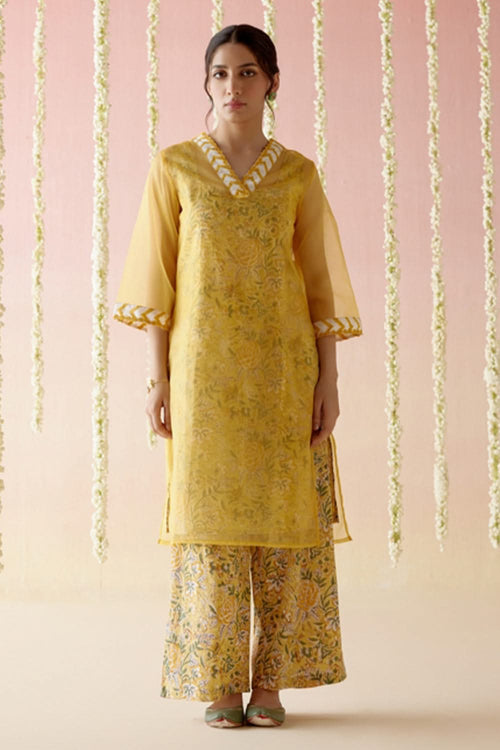 Petal Yellow Kurta with Blockprinted Slip and Flared Pants